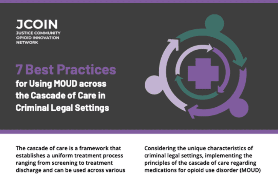 Promotion for JCOIN's 7 best practices for using MOUD across the Cascade of Care in criminal legal settings