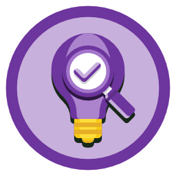 An icon depicting a light bulb with a magnifying glass showing a check mark, all within a purple circle.