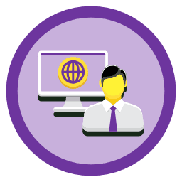 An icon featuring a man in business attire in front of a computer displaying a globe, all set within a purple circle.